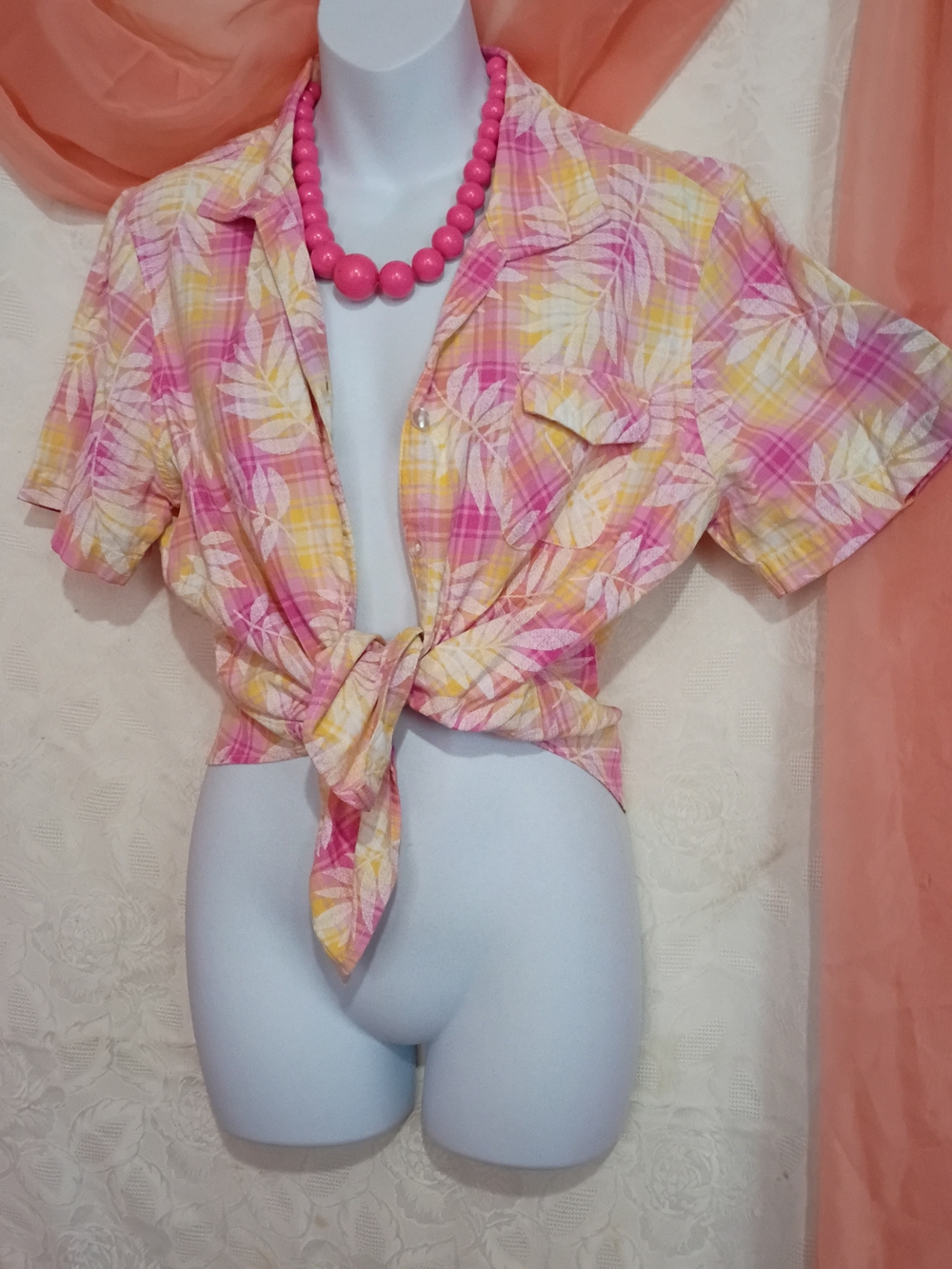 Erika Ladies Pink and Yellow Plaid Tie-Front Button Down Shirt Sz Lg